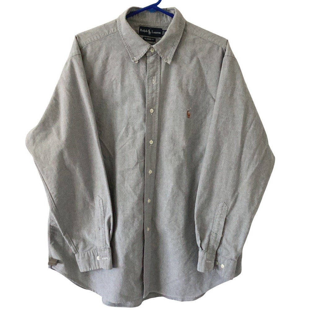 Ralph Lauren Mens Grey Oxford Button Down‎ Shirt Classic Fit Cotton 17.5 34/35